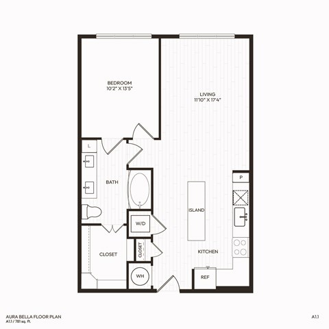 Floor plan for 1 bed, 1 bath, 781 sqft